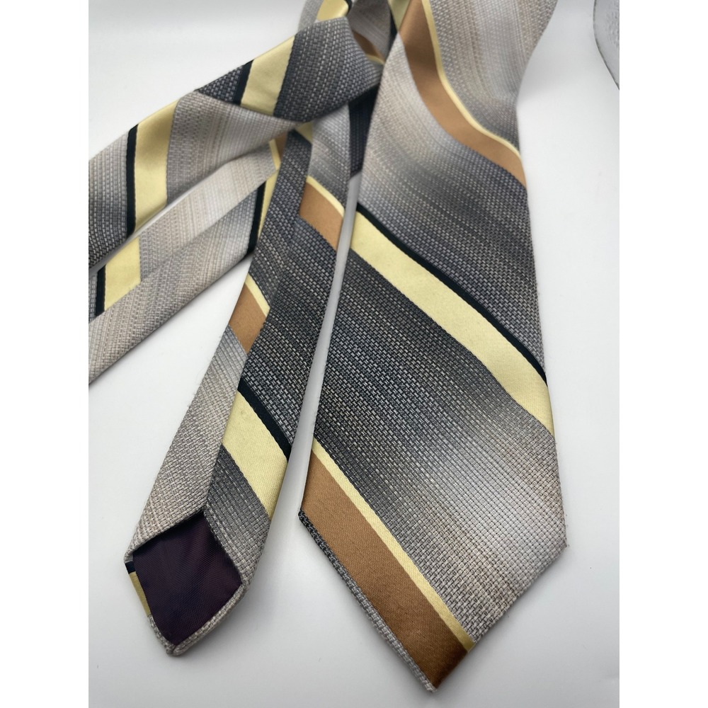 Designer Collection Mens Necktie Grey Yellow Tan Striped Woven Textured Tie